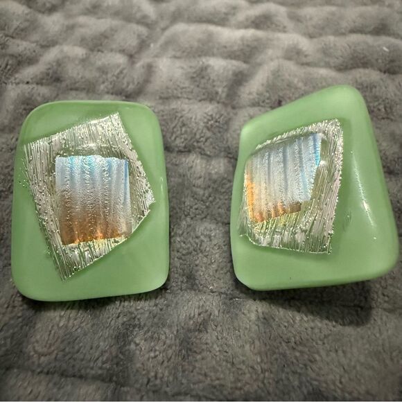 Mint Green Fused Glass Earrings – Handmade Iridescent Post-Back Jewelry - Picture 5 of 17